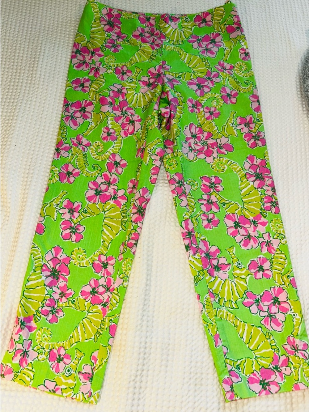 Lilly Pulitzer Bright Green Floral Capri Pants with Pink Accents